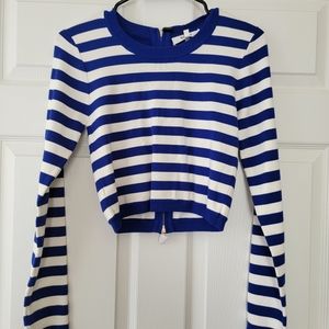 Milly Blue and White Striped Cropped Crewneck Sweater